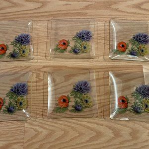 Vintage Glass Square Floral Plates Gold Trim